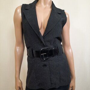 Y2K Belted Vest Waistcoat Black Pinstriped Size L Office Siren Corpcore